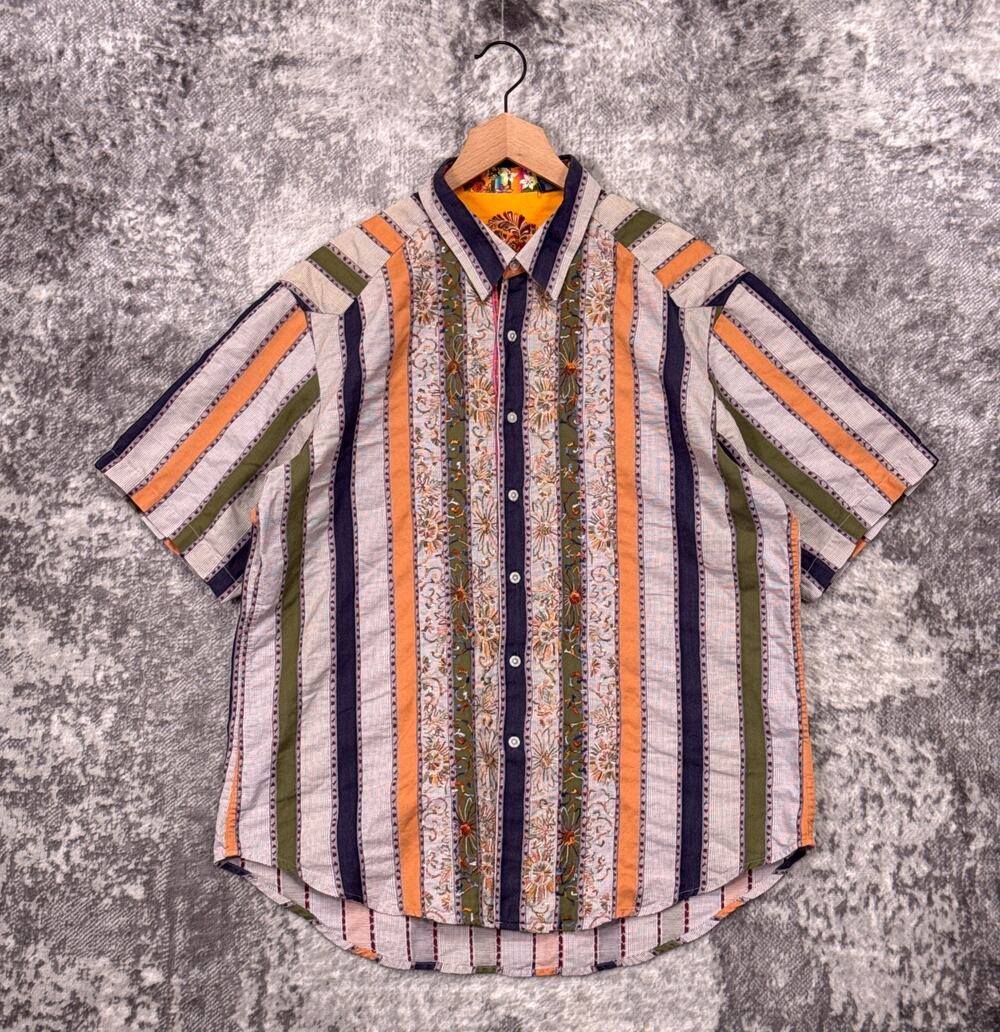 Robert Graham Shirt XL Mens Intricate Embroidered Striped Short Sleeve